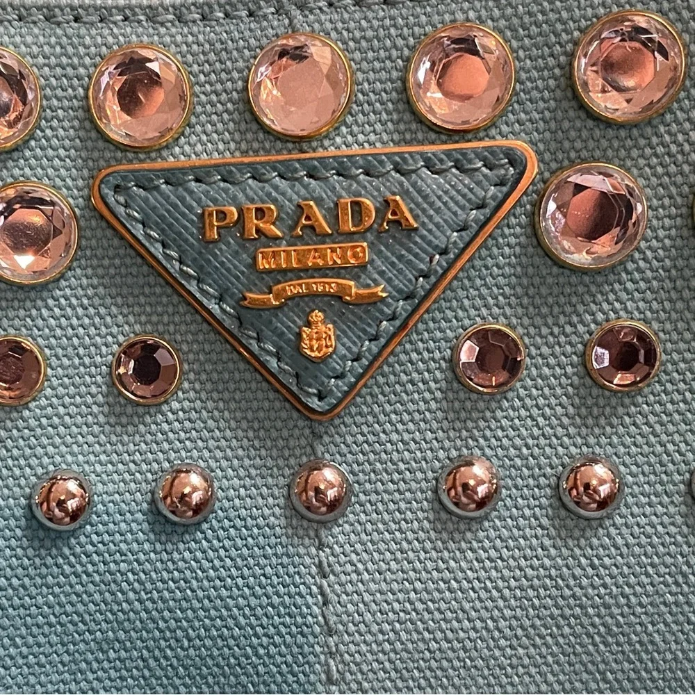 Prada Turquoise Studded Canvas Tote with Detachable Strap COA - Picture 15 of 16